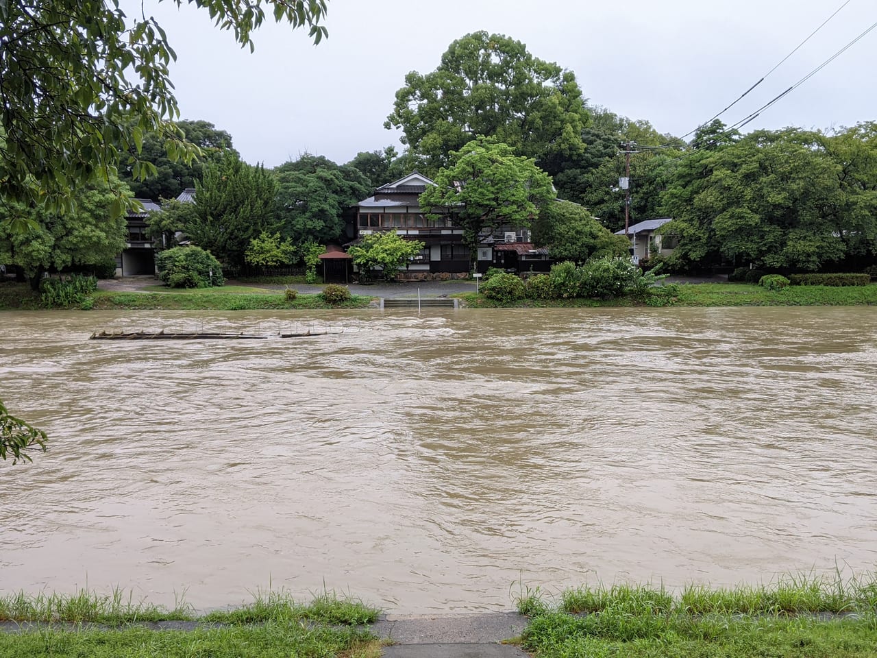 増水した旭川（岡山後楽園荒手茶寮前）