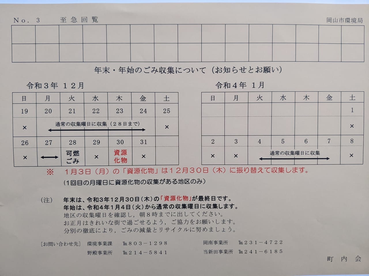 岡山市_年末年始資源化物収集（第一月2021）